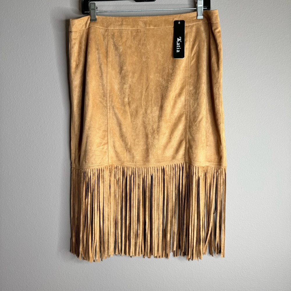 Katia Faux Suede Fringe Cognac High-Rise Skirt Sz 1XL New With Tag